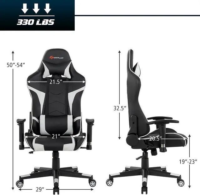 Alt view image 3 of 6 - Massage Gaming Chair Reclining Swivel Racing Office Chair w/Lumbar Support White