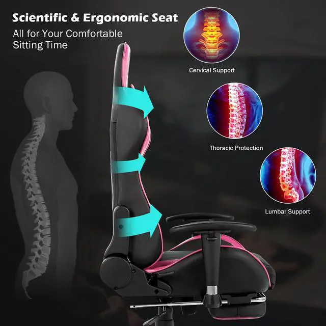 Alt view image 6 of 7 - Massage Gaming Chair Reclining Racing Chair w/Lumbar Support &Footrest Pink