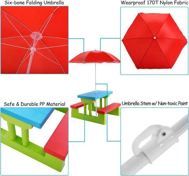 Alt view image 6 of 7 - 4 Seat Kids Picnic Table w/Umbrella Garden Yard Folding Children Bench Outdoor