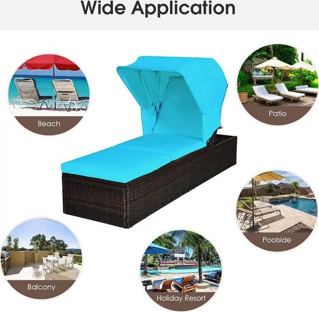Alt view image 4 of 7 - Costway Patio Rattan Lounge Chair Chaise Cushioned Top Canopy Adjustable Turquoise