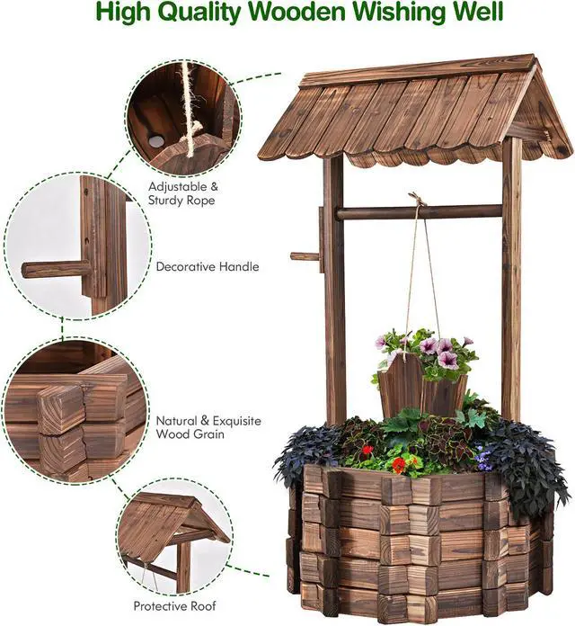 Alt view image 4 of 7 - Outdoor Wooden Wishing Well Bucket Flower Plants Planter Patio Garden Home Decor
