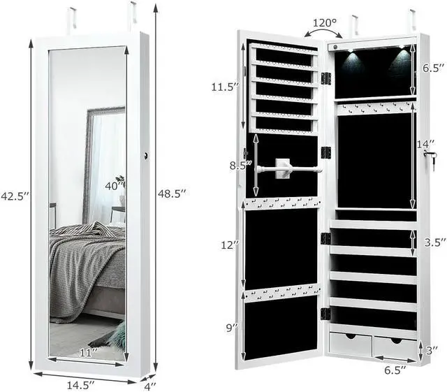 Alt view image 8 of 13 - Costway Mirror Jewelry Cabinet with Full Length Clear Mirror & Internal LED Lights Hooks
