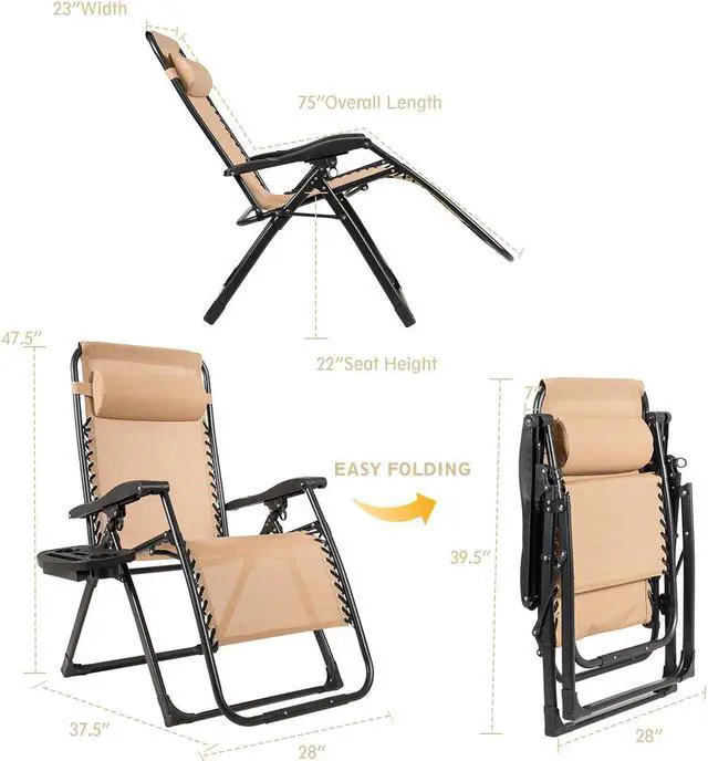 Alt view image 3 of 6 - Costway Zero Gravity Chair Oversize Lounge Chair Patio Heavy Duty Folding Recliner Beige