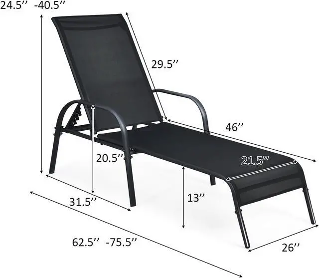 Alt view image 3 of 7 - Costway Set of 2 Patio Lounge Chairs Sling Chaise Lounge Recliner Adjustable