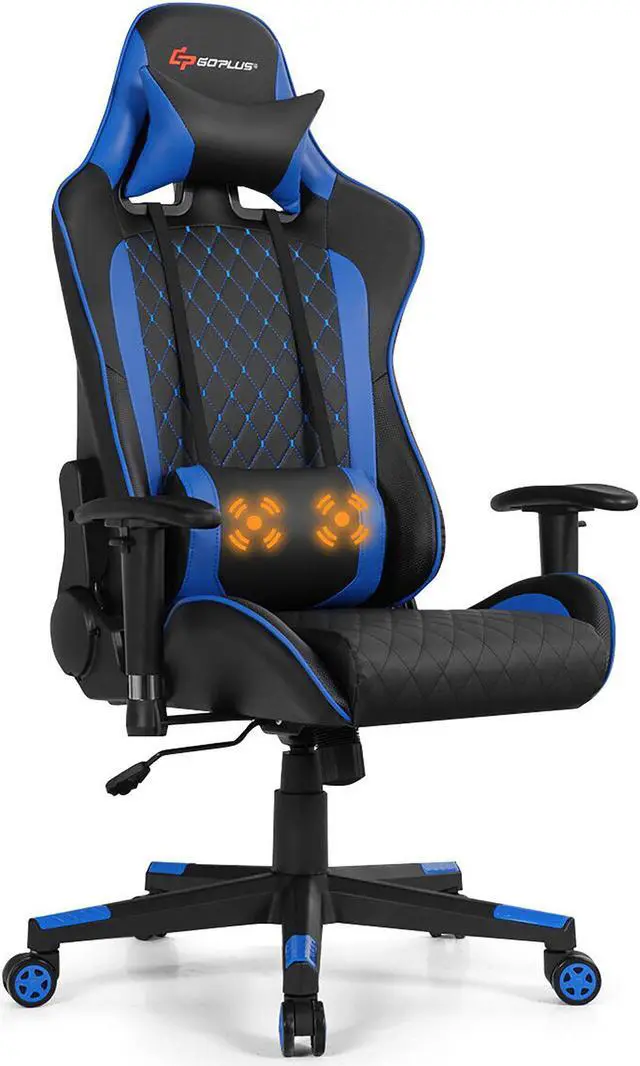 Main image of Massage Gaming Chair Reclining Racing Chair w/Lumbar Support and Headrest Blue