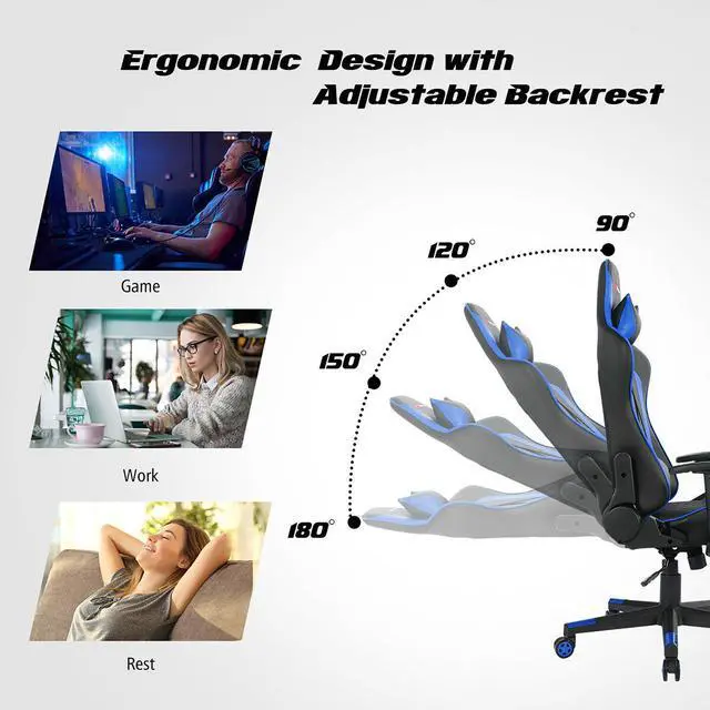Alt view image 5 of 7 - Massage Gaming Chair Reclining Racing Chair w/Lumbar Support and Headrest Blue