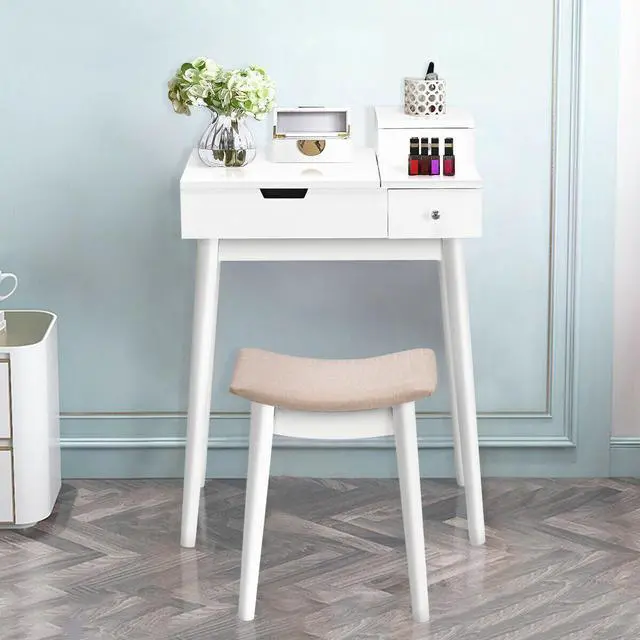 Alt view image 4 of 6 - Costway Vanity Dressing Table Flip Desk Furniture Stool 2 White