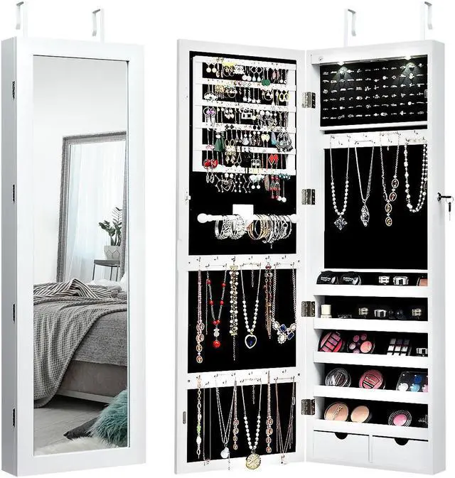 Alt view image 7 of 13 - Costway Mirror Jewelry Cabinet with Full Length Clear Mirror & Internal LED Lights Hooks
