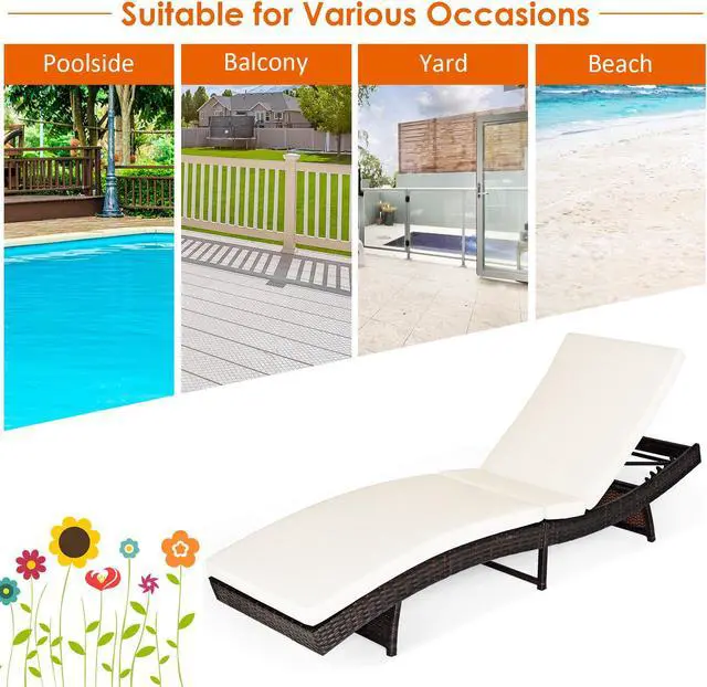 Alt view image 6 of 7 - Costway Adjustable Pool Chaise Lounge Chair Outdoor Patio Furniture PE Wicker W/Cushion