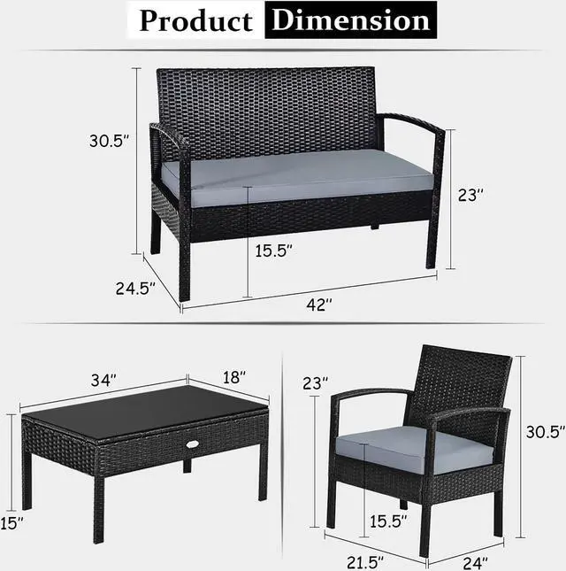 Alt view image 3 of 7 - 4 PCS Outdoor Patio Rattan Wicker Furniture Set Table Sofa Cushioned Deck Black