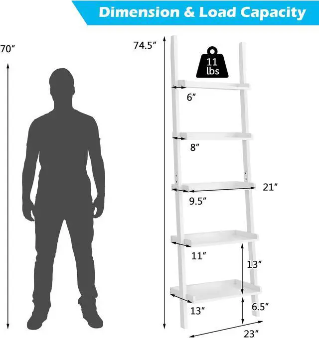 Alt view image 3 of 7 - Costway Versatile White 5-Tier Bookshelf Leaning Wall Shelf Ladder  Bookcase White