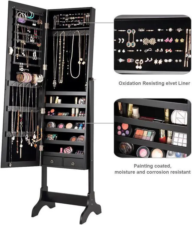 Alt view image 7 of 7 - Costway Mirrored Jewelry Cabinet Storage Organizer Box Drawers Black