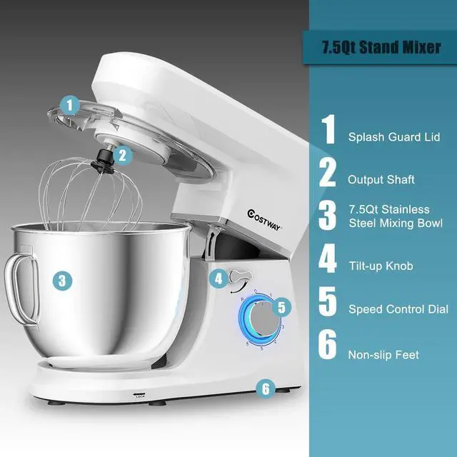 Alt view image 5 of 7 - Costway Tilt-Head Stand Mixer 7.5 Qt 6 Speed 660W with Dough Hook, Whisk & Beater White