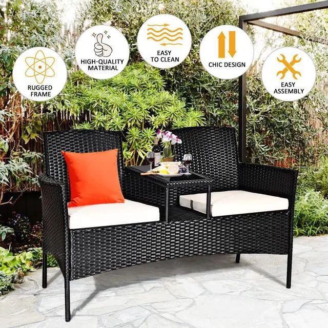 Alt view image 5 of 6 - Costway Patio Rattan Conversation Set Seat Sofa Cushioned Loveseat Glass Table Chairs
