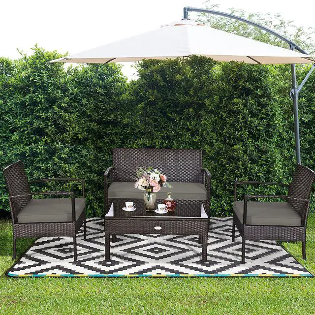 Alt view image 2 of 7 - Costway 4PCS Patio Rattan Wicker Furniture Set Loveseat Sofa Cushioned Garden Yard Brown