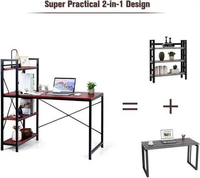 Alt view image 7 of 7 - Costway 47.5'' Compact Computer Desk With 4-Tier Storage Bookshelves for Home Office Brown