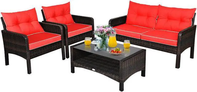 Alt view image 2 of 7 - Costway 4PCS Patio Rattan Furniture Set Loveseat Sofa Coffee Table Garden W/Red Cushion