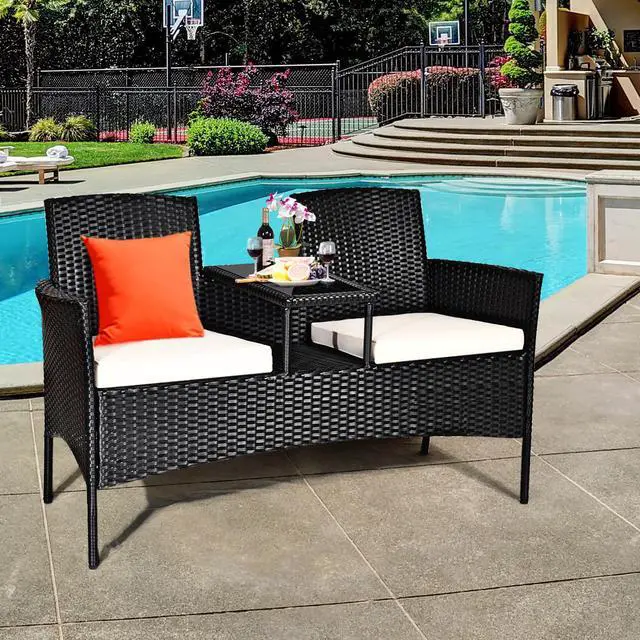 Alt view image 3 of 6 - Costway Patio Rattan Conversation Set Seat Sofa Cushioned Loveseat Glass Table Chairs