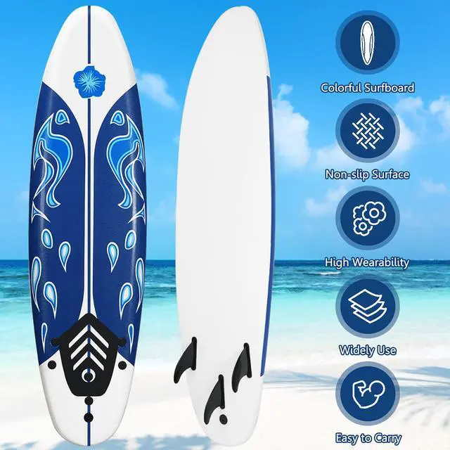 Alt view image 6 of 7 - Costway 6' Surfboard Foamie Body Surfing Board W/3  Fins & Leash for Kids Adults White