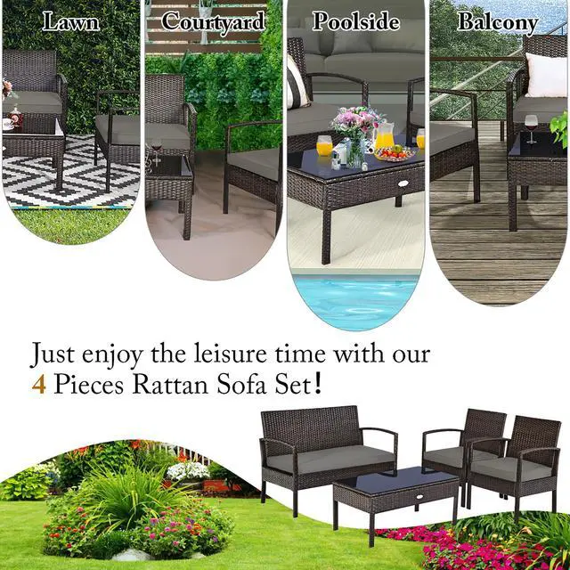 Alt view image 3 of 7 - Costway 4PCS Patio Rattan Wicker Furniture Set Loveseat Sofa Cushioned Garden Yard Brown