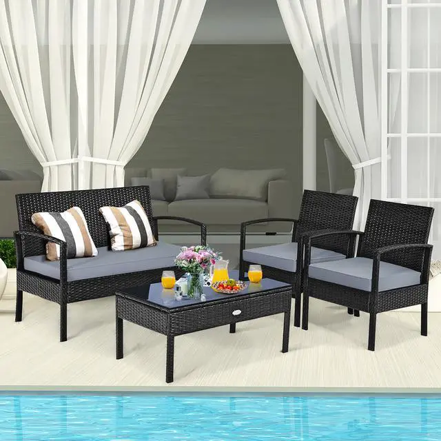 Alt view image 5 of 7 - 4 PCS Outdoor Patio Rattan Wicker Furniture Set Table Sofa Cushioned Deck Black