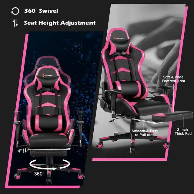 Alt view image 7 of 7 - Massage Gaming Chair Reclining Racing Chair w/Lumbar Support &Footrest Pink