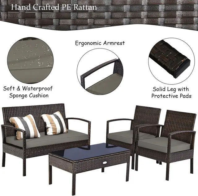 Alt view image 6 of 7 - Costway 4PCS Patio Rattan Wicker Furniture Set Loveseat Sofa Cushioned Garden Yard Brown