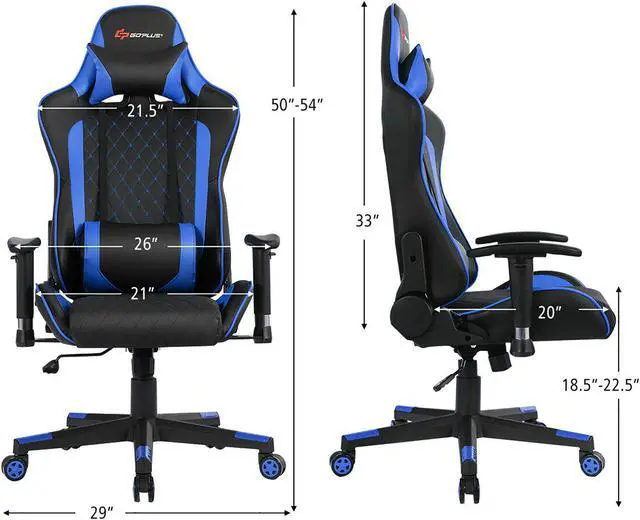 Alt view image 3 of 7 - Massage Gaming Chair Reclining Racing Chair w/Lumbar Support and Headrest Blue