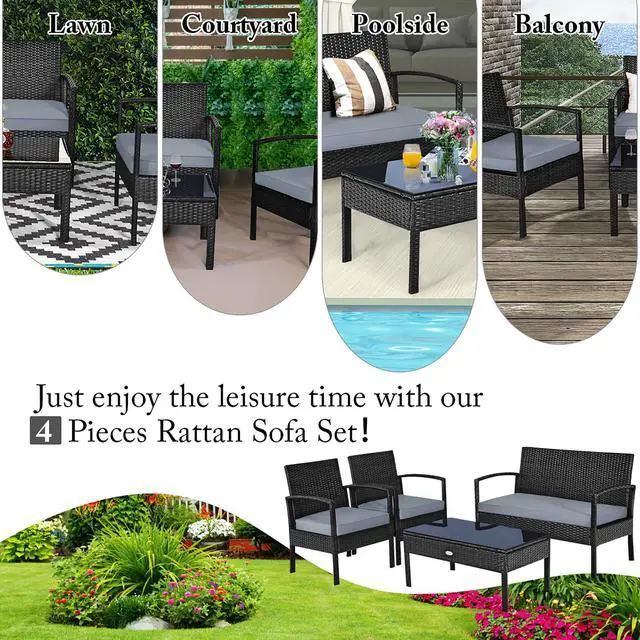 Alt view image 6 of 7 - 4 PCS Outdoor Patio Rattan Wicker Furniture Set Table Sofa Cushioned Deck Black