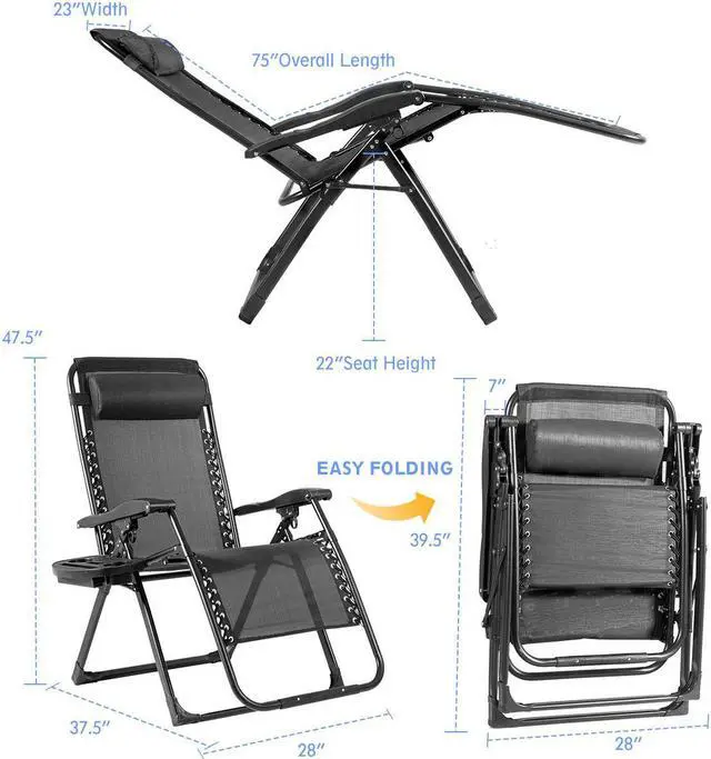 Alt view image 2 of 7 - 2PC Zero Gravity Chair Oversize Lounge Patio Heavy Duty Folding Recliner Black
