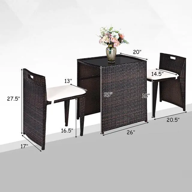 Alt view image 3 of 7 - Costway 3PCS Outdoor Patio Rattan Furniture Set Space Saving Garden Deck W/Cushion No Assembly