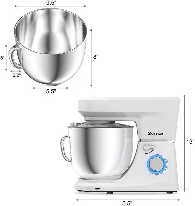 Alt view image 3 of 7 - Costway Tilt-Head Stand Mixer 7.5 Qt 6 Speed 660W with Dough Hook, Whisk & Beater White