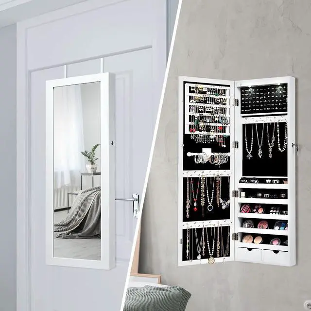 Alt view image 11 of 13 - Costway Mirror Jewelry Cabinet with Full Length Clear Mirror & Internal LED Lights Hooks
