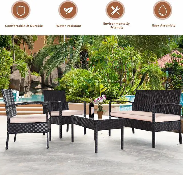 Alt view image 7 of 7 - Costway 4PCS Patio Rattan Conversation Furniture Set Cushioned Seat Glass Table