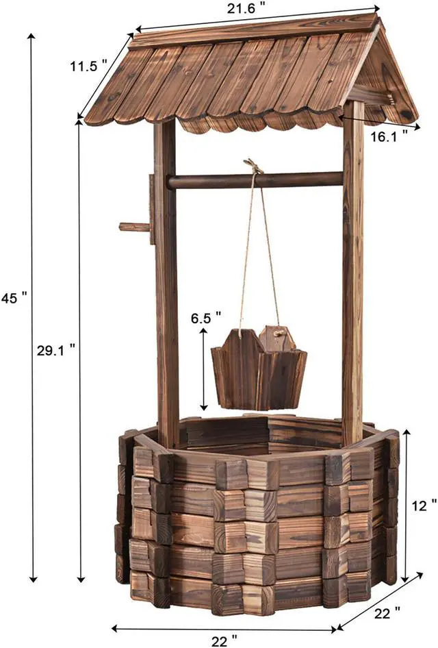 Alt view image 2 of 7 - Outdoor Wooden Wishing Well Bucket Flower Plants Planter Patio Garden Home Decor