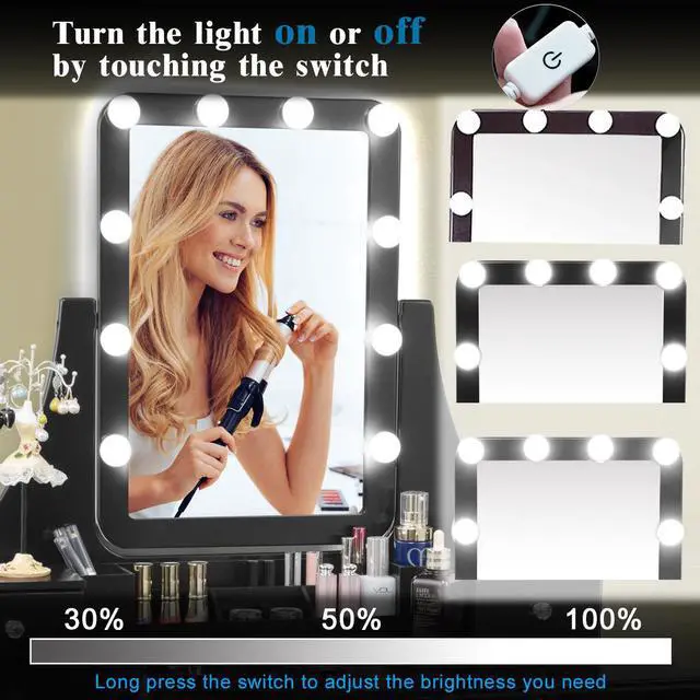 Alt view image 5 of 7 - Vanity Dressing Table Set  w/Removable Box &10 Dimmable Bulbs Touch Switch Black