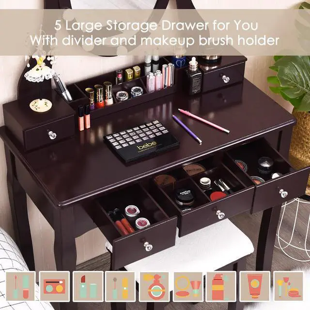 Alt view image 5 of 7 - Vanity Table Set w/10 Light Bulbs and Touch Switch Makeup Dressing Table Brown