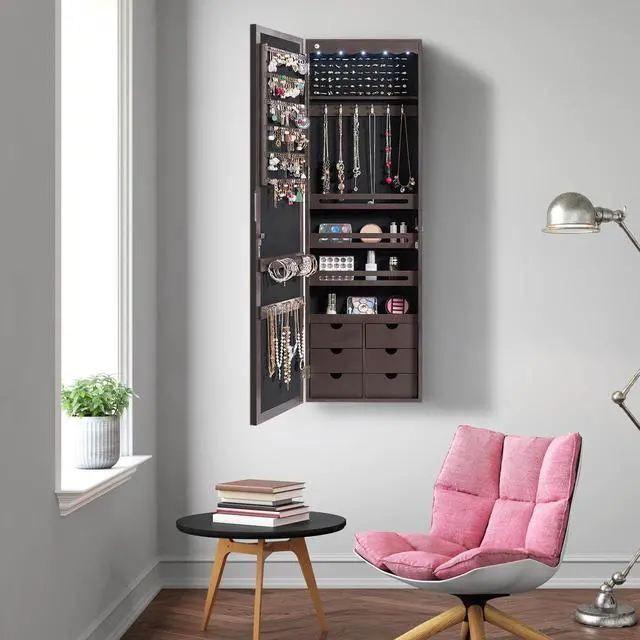 Alt view image 12 of 13 - Wall Door Mounted LED Mirror Jewelry Cabinet Lockable Armoire w/ 6 Drawers Brown
