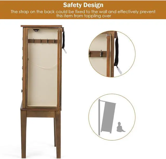 Alt view image 7 of 7 - Jewelry Cabinet Armoire Big Standing Storage Box Chest w/Drawers & Mirror Nature