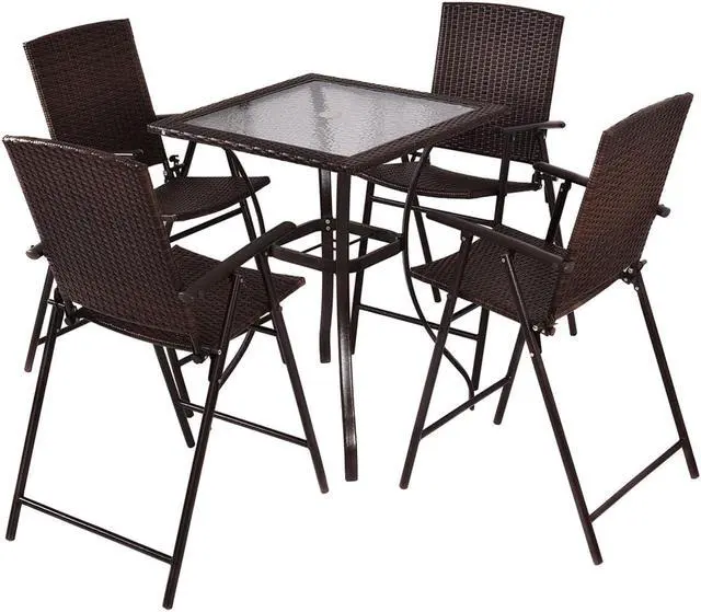 Alt view image 3 of 7 - 5PC Rattan Patio Furniture Set 4 Bar Stool Folding Chair + Bar Table W/Glass Top