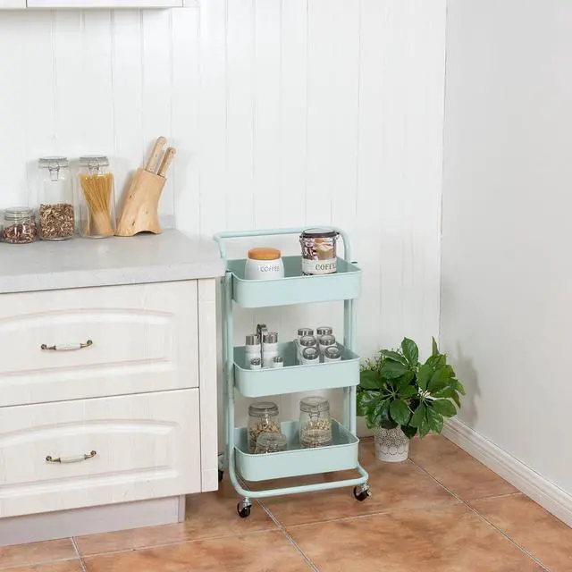 Alt view image 3 of 7 - 3-Tier Metal Rolling Storage Cart Trolley Kitchen 2 Brakes W/Handle Mint Green