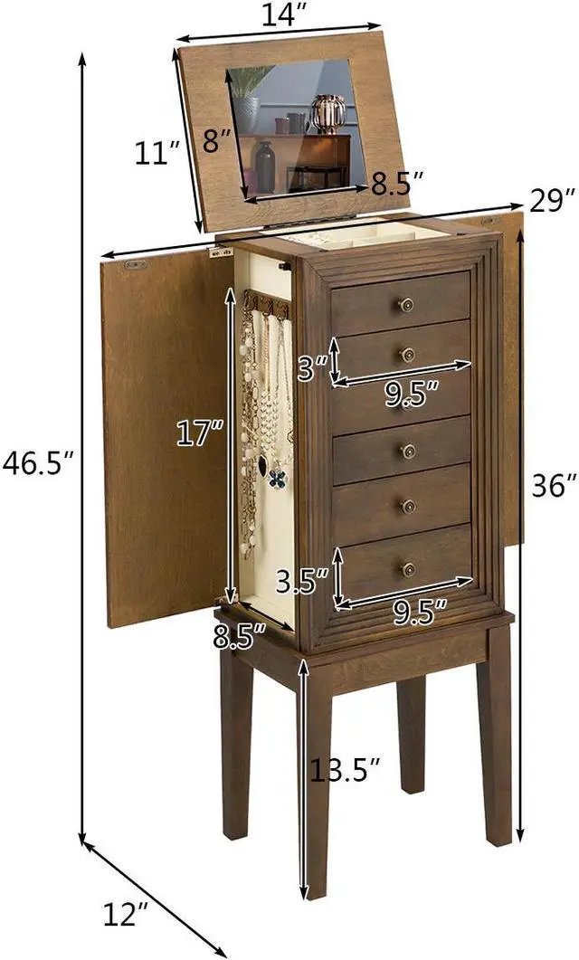 Alt view image 2 of 7 - Jewelry Cabinet Armoire Big Standing Storage Box Chest w/Drawers & Mirror Nature