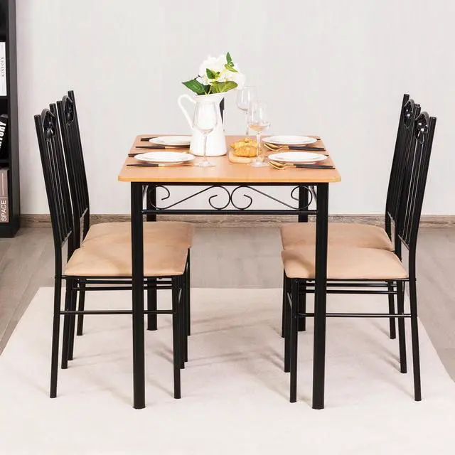 Alt view image 3 of 7 - 5 PC Dining Set Wood Metal Table and 4 Chairs Kitchen Breakfast Furniture New