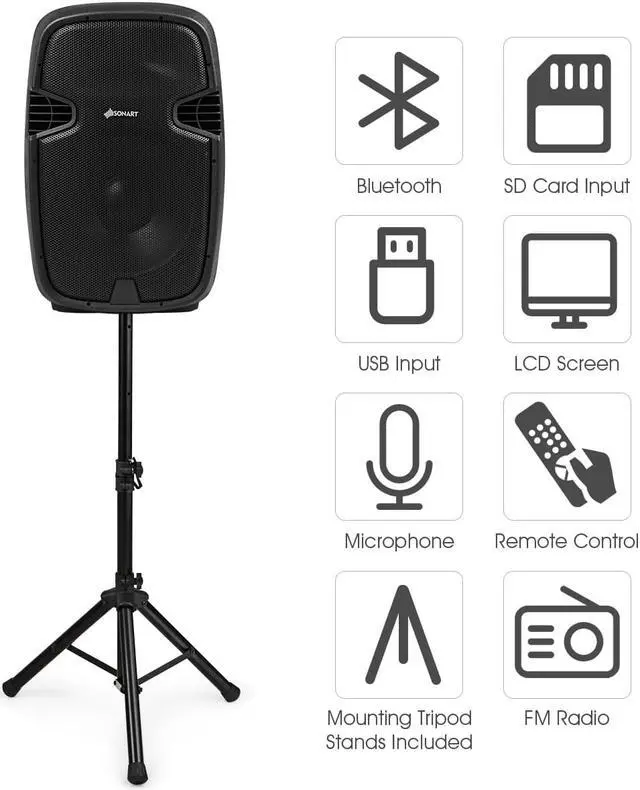 Alt view image 6 of 7 - Portable Dual 15'' 2-way 2000 W Powered Speakers w/ Bluetooth Stands & Controller