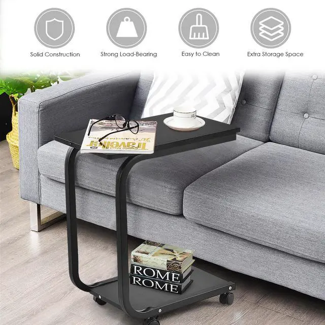 Alt view image 6 of 7 - Set of 2 Coffee Sofa Side End Table Snack Stand Rolling Over Bed Laptop PC Desk