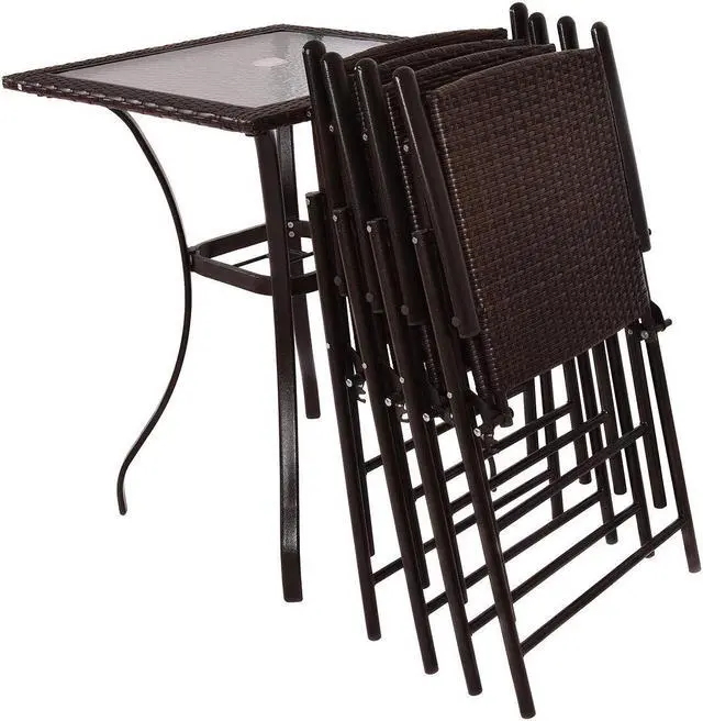 Alt view image 7 of 7 - 5PC Rattan Patio Furniture Set 4 Bar Stool Folding Chair + Bar Table W/Glass Top