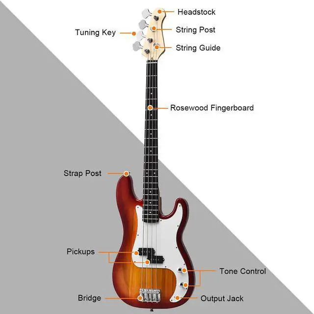 Alt view image 6 of 7 - Sonart Full Size Electric Bass Guitar 4 String w/ Strap Guitar Bag Amp Cord Red