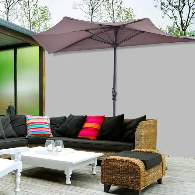 Alt view image 2 of 7 - 9Ft Half Round Umbrella Patio Bistro Wall Balcony Door Window Sun Shade Tan