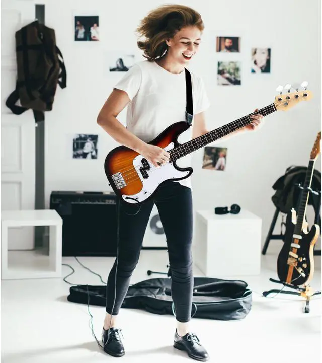 Alt view image 4 of 7 - Sonart Full Size Electric Bass Guitar 4 String with Strap Bag Amp Cord Yellow