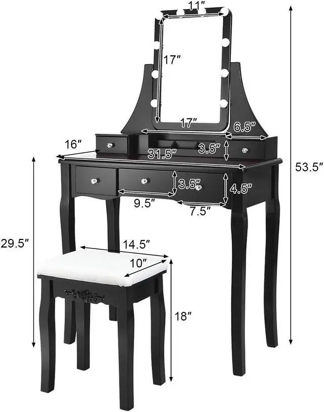 Alt view image 2 of 7 - Vanity Dressing Table Set  w/Removable Box &10 Dimmable Bulbs Touch Switch Black